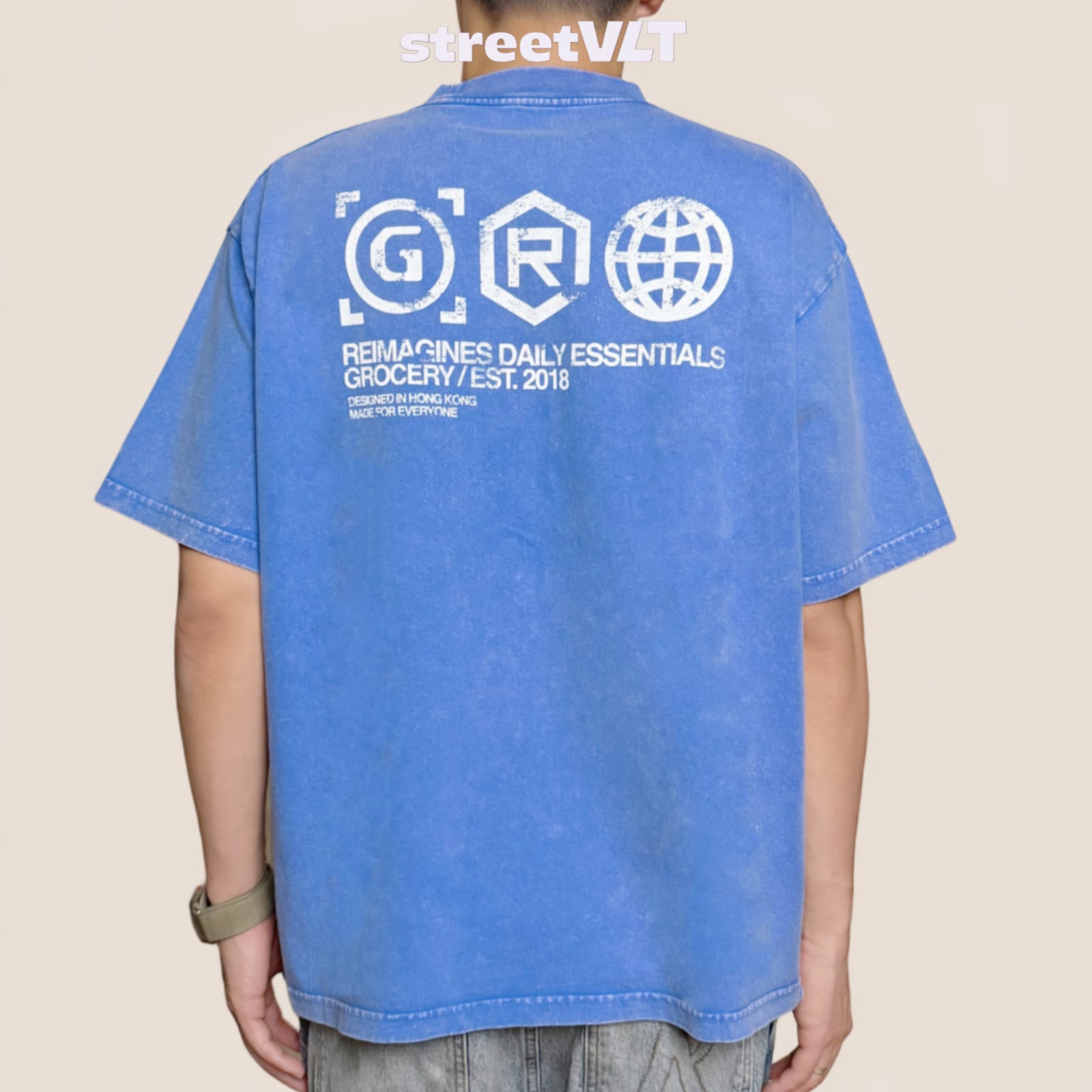 Gro Grocery Daily Essentials Washed Graphic Boxy Blue Tee