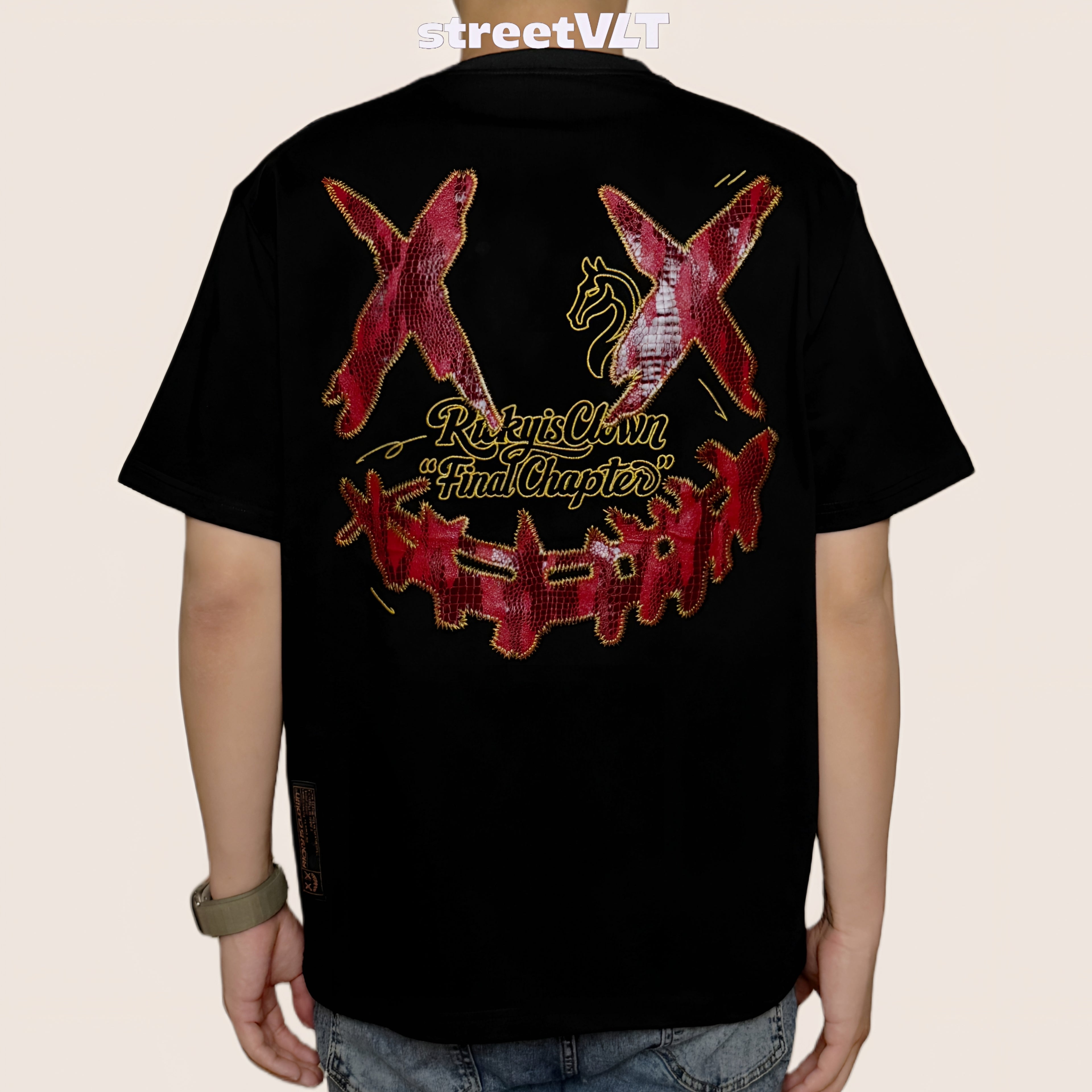 Ricky is Clown Red and Gold Horse Patchwork Tee