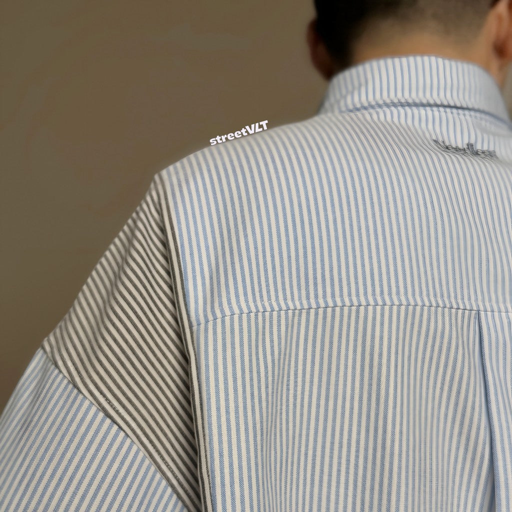 Gro Grocery x Needless Chinese Button Stripe Blue & Grey Shirt