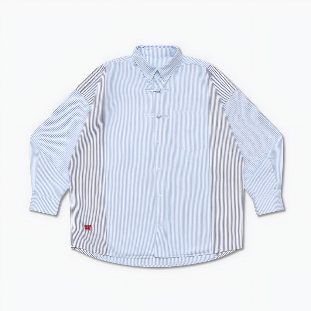 Gro Grocery x Needless Chinese Button Stripe Blue & Grey Shirt