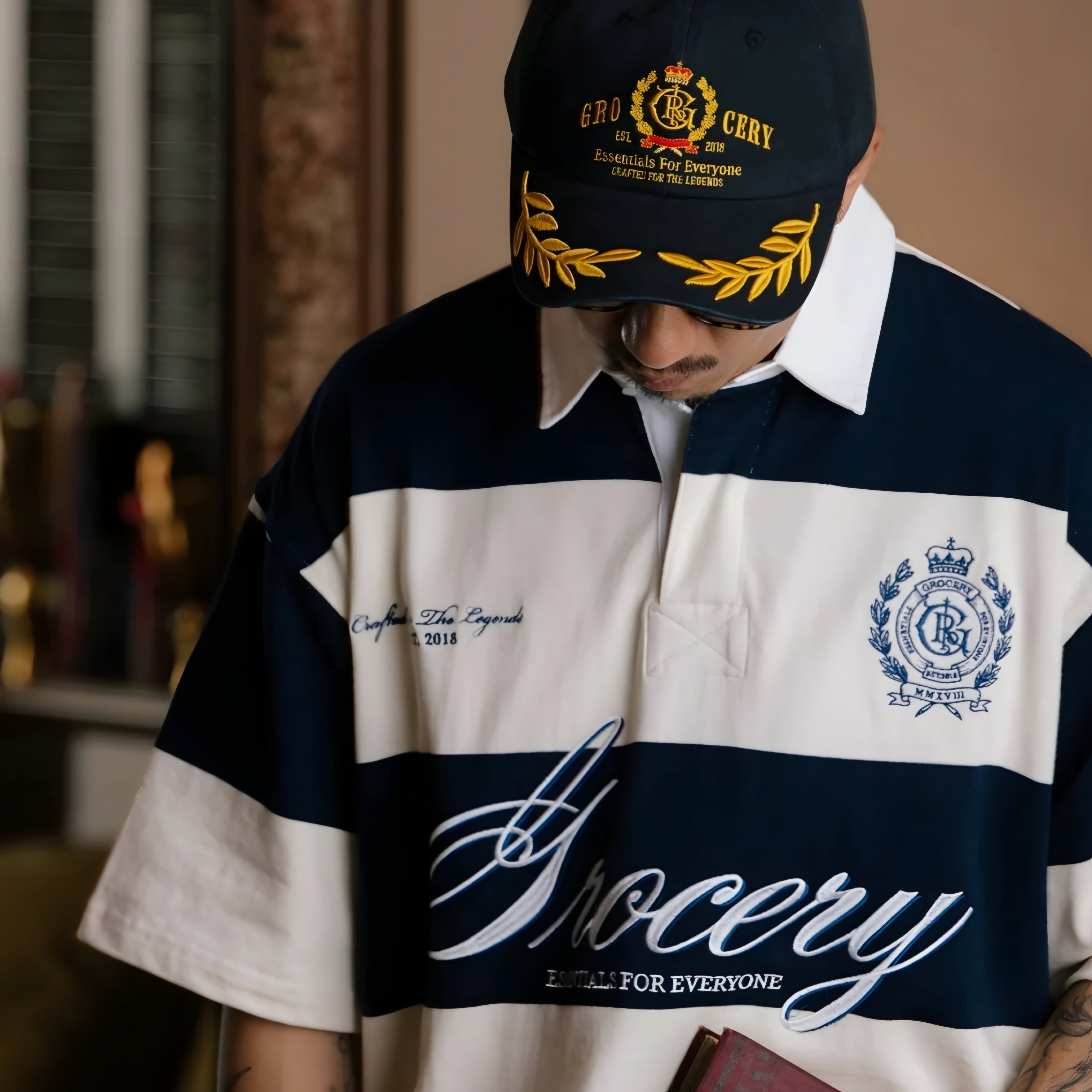 Gro Grocery Emblem Embroidery Logo Stripe Polo Shirt