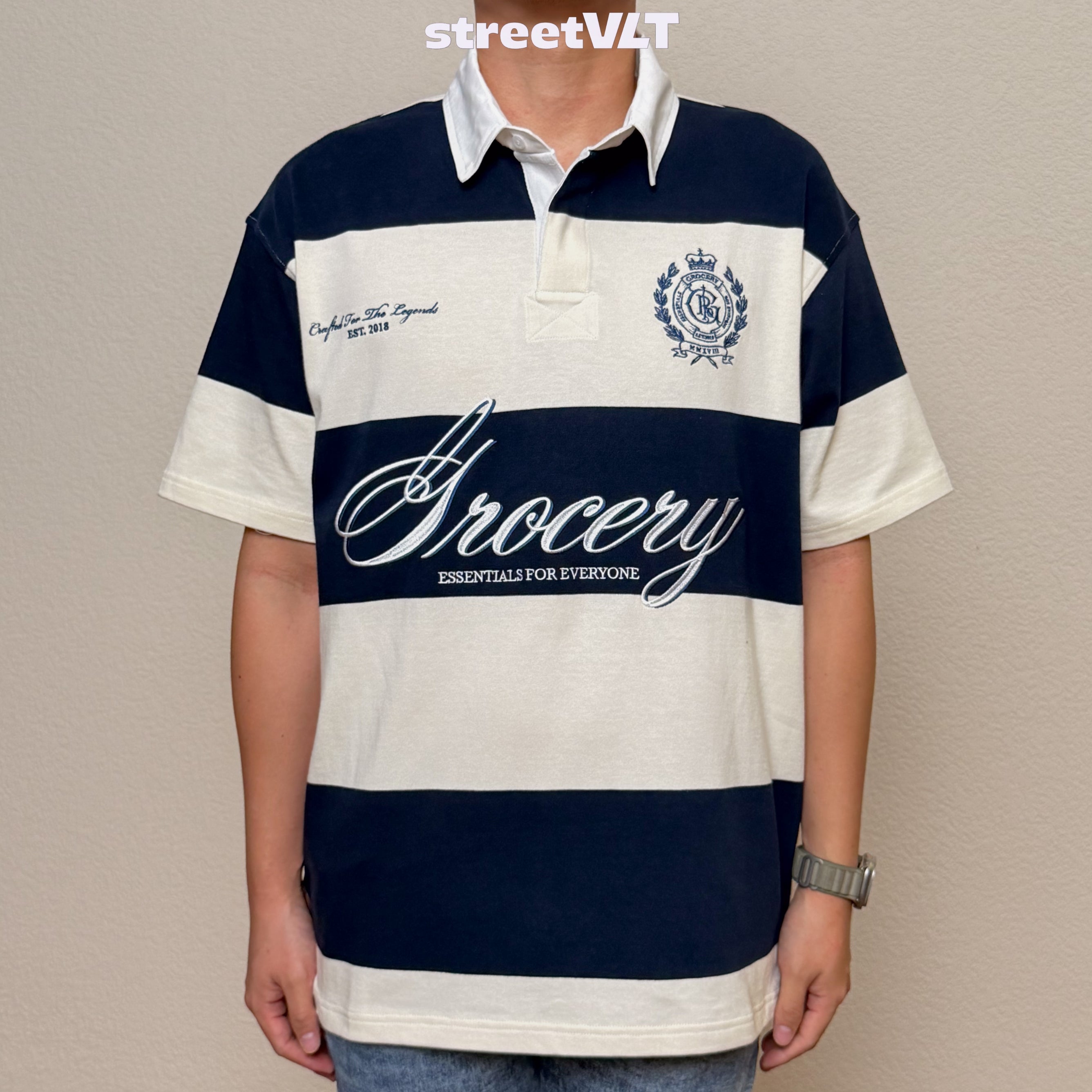 Gro Grocery Emblem Embroidery Logo Stripe Polo Shirt