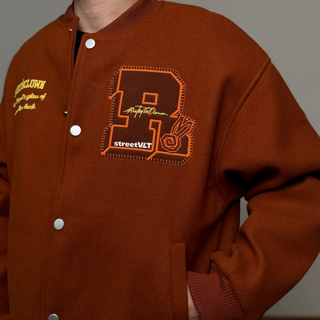 Ricky is Clown Swirl Bunny Wool Caramel Red Varsity Jacket