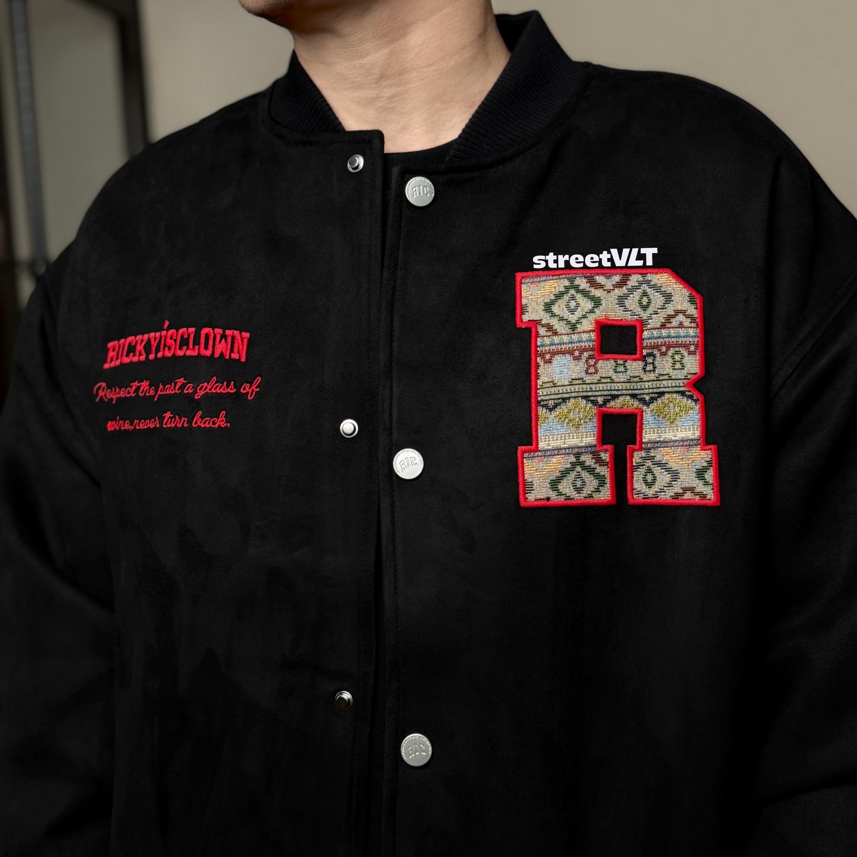 Ricky is Clown Suede Ethnic Patchwork Baseball Uniform Varsity Jacket