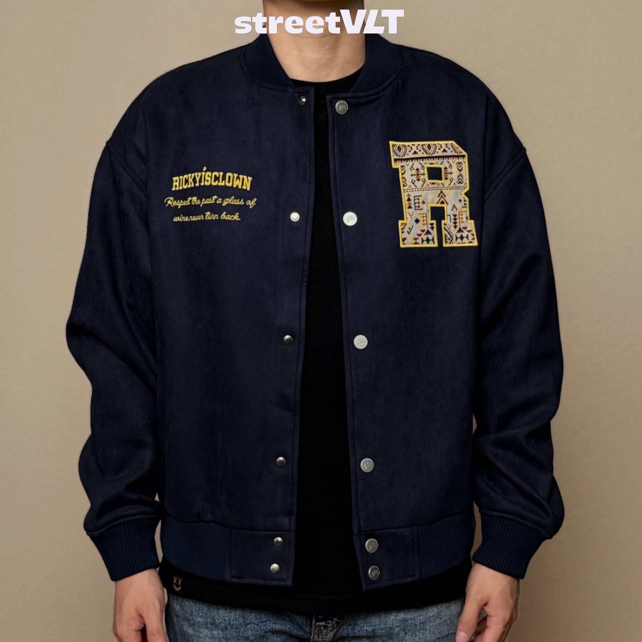Ricky is Clown Suede Ethnic Patchwork Baseball Uniform Varsity Jacket