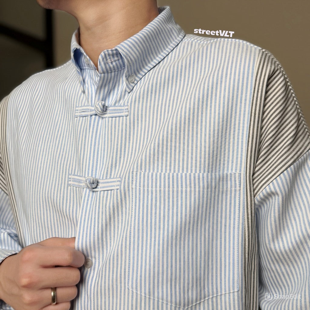 Gro Grocery x Needless Chinese Button Stripe Blue & Grey Shirt