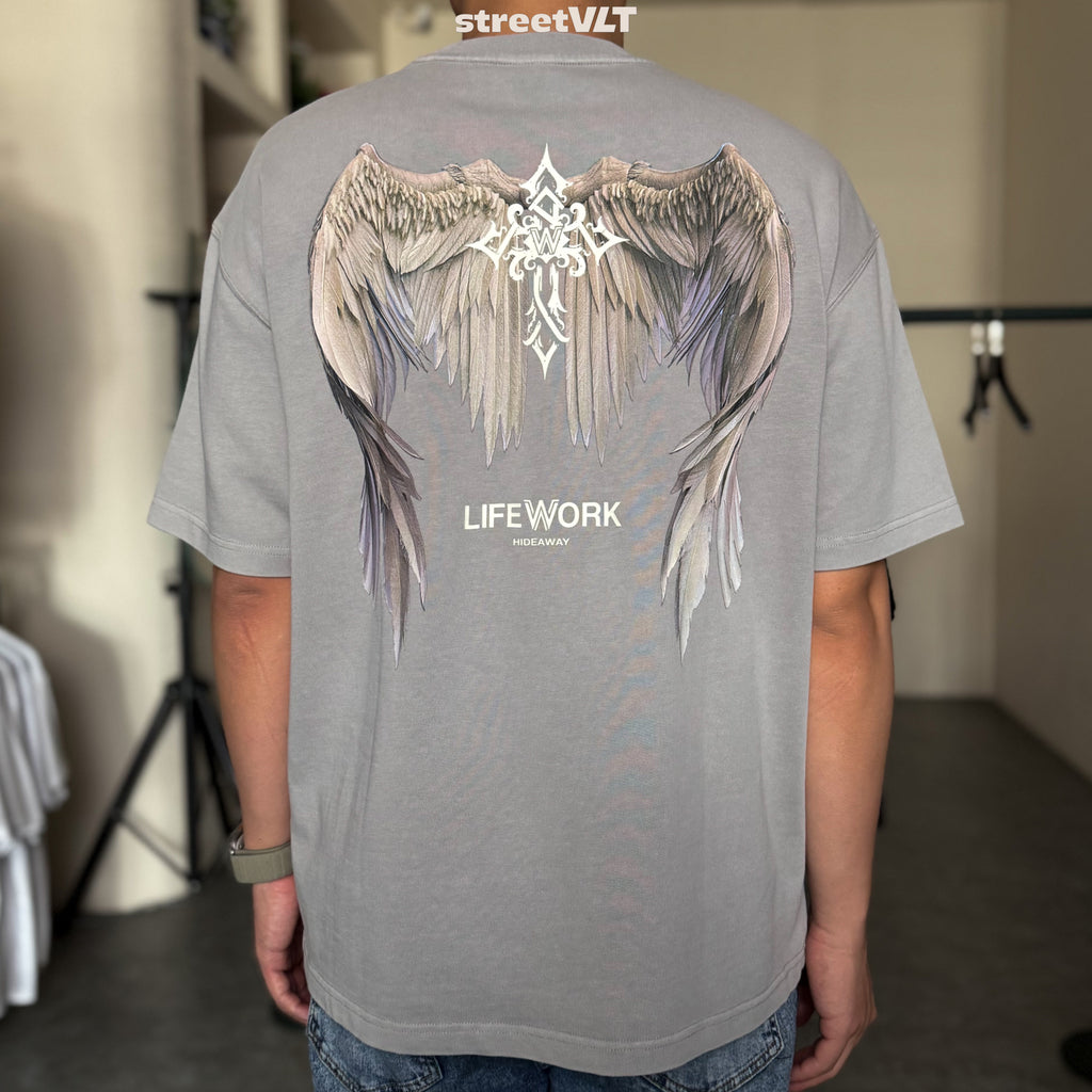 Life Work Korea Wing Print Garment Dyed Grey Tee