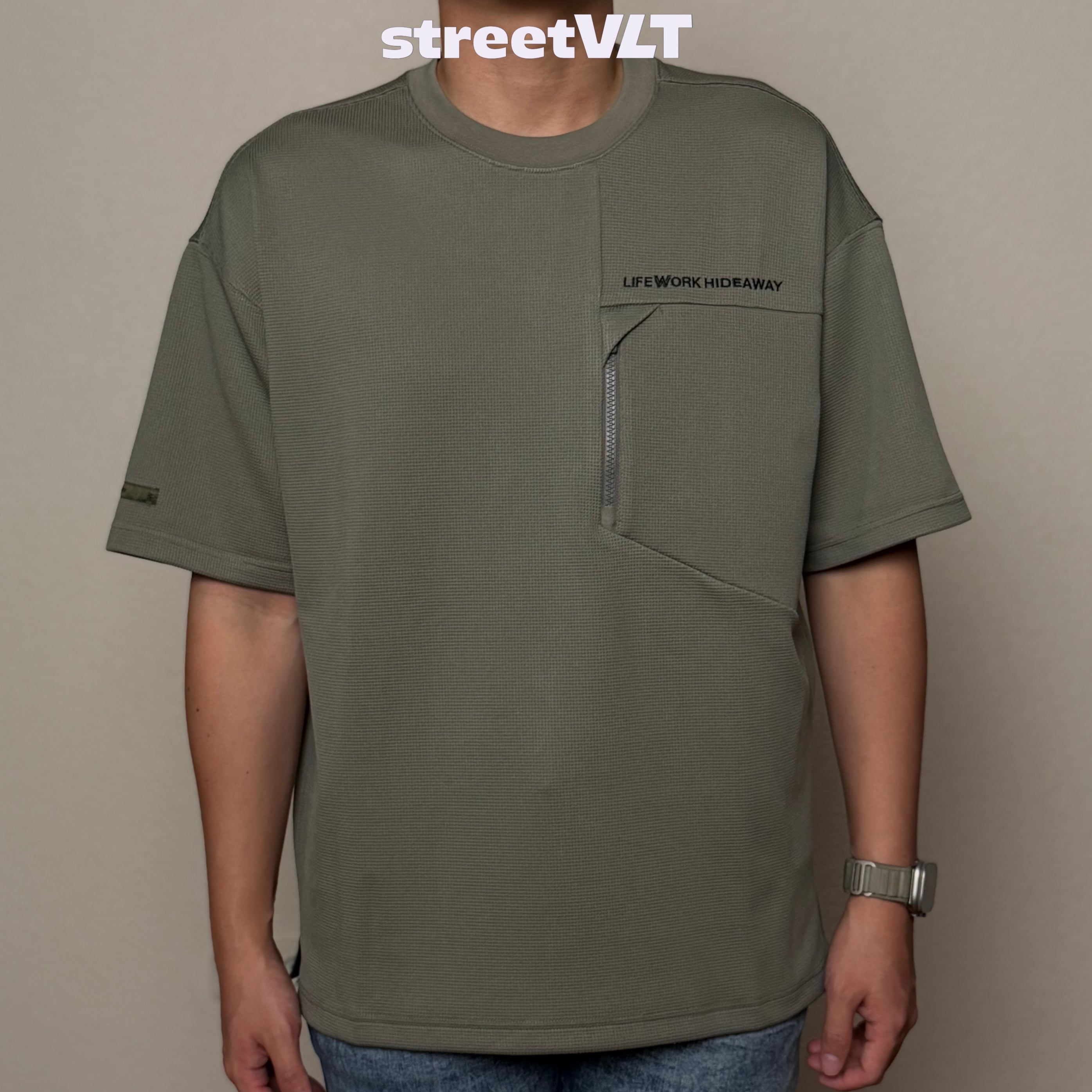 Life Work Korea Waffle Style Front Pocket Zipper Tee