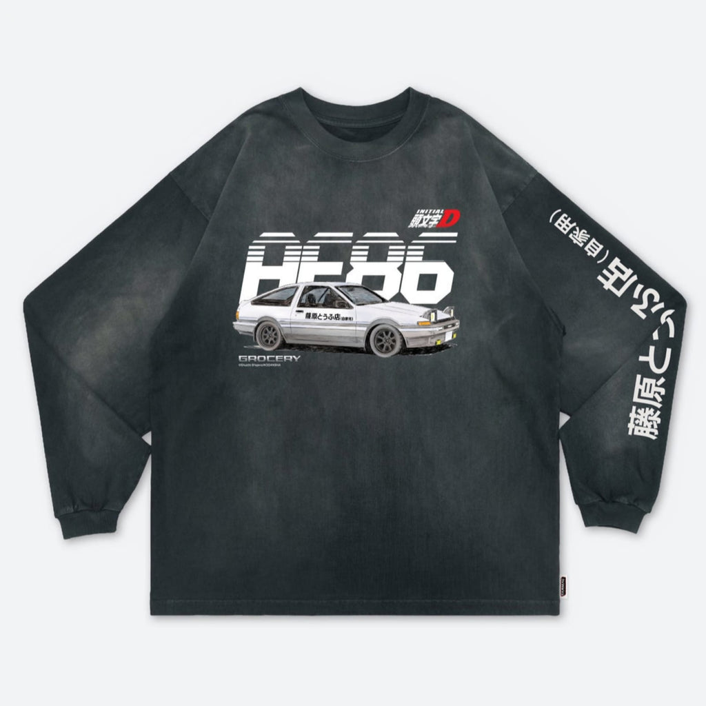 Gro Grocery Tarmac Initial D Fujiwara Tofu Shop AE86 Washed Long Top Tee