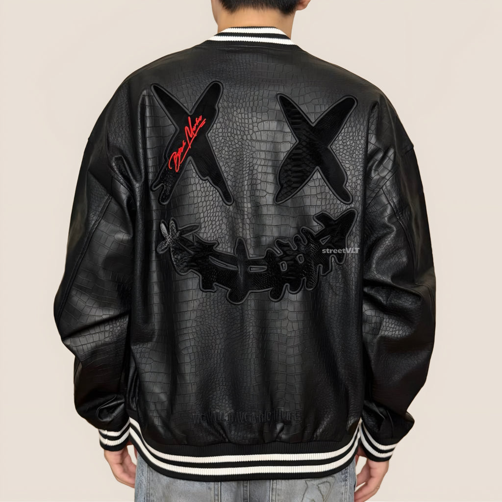 Ricky is Clown Black Mamba Snakeskin Embroidered Crocodile Varsity Jacket