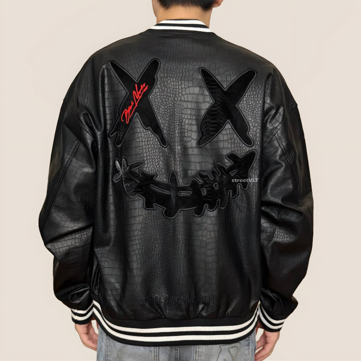 Ricky is Clown Black Mamba Snakeskin Embroidered Crocodile Varsity Jacket