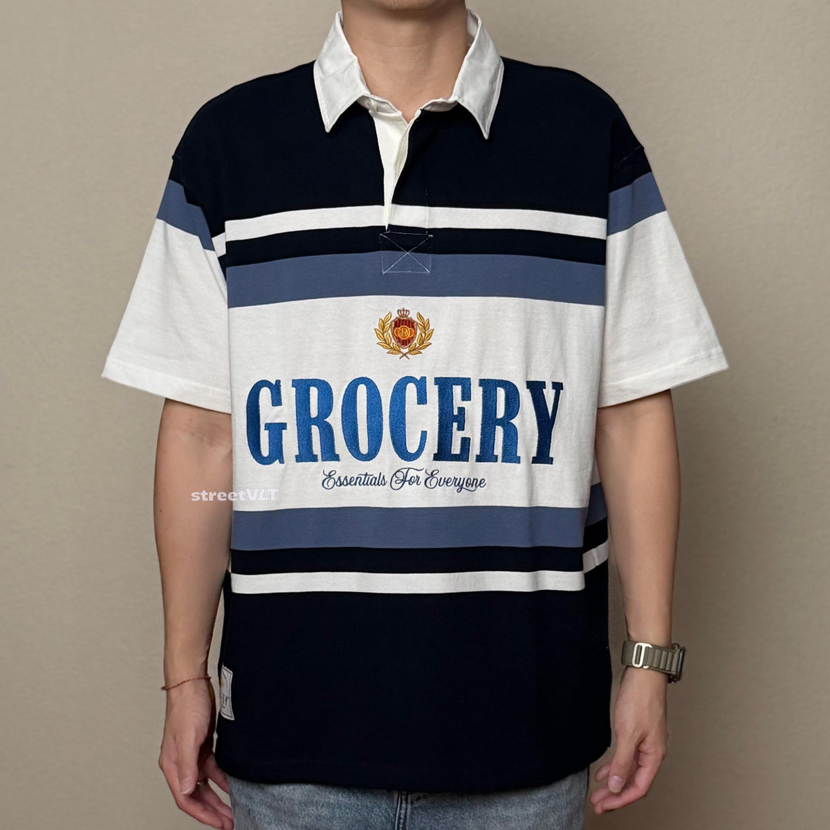 Gro Grocery College Logo Stripe Polo Shirt