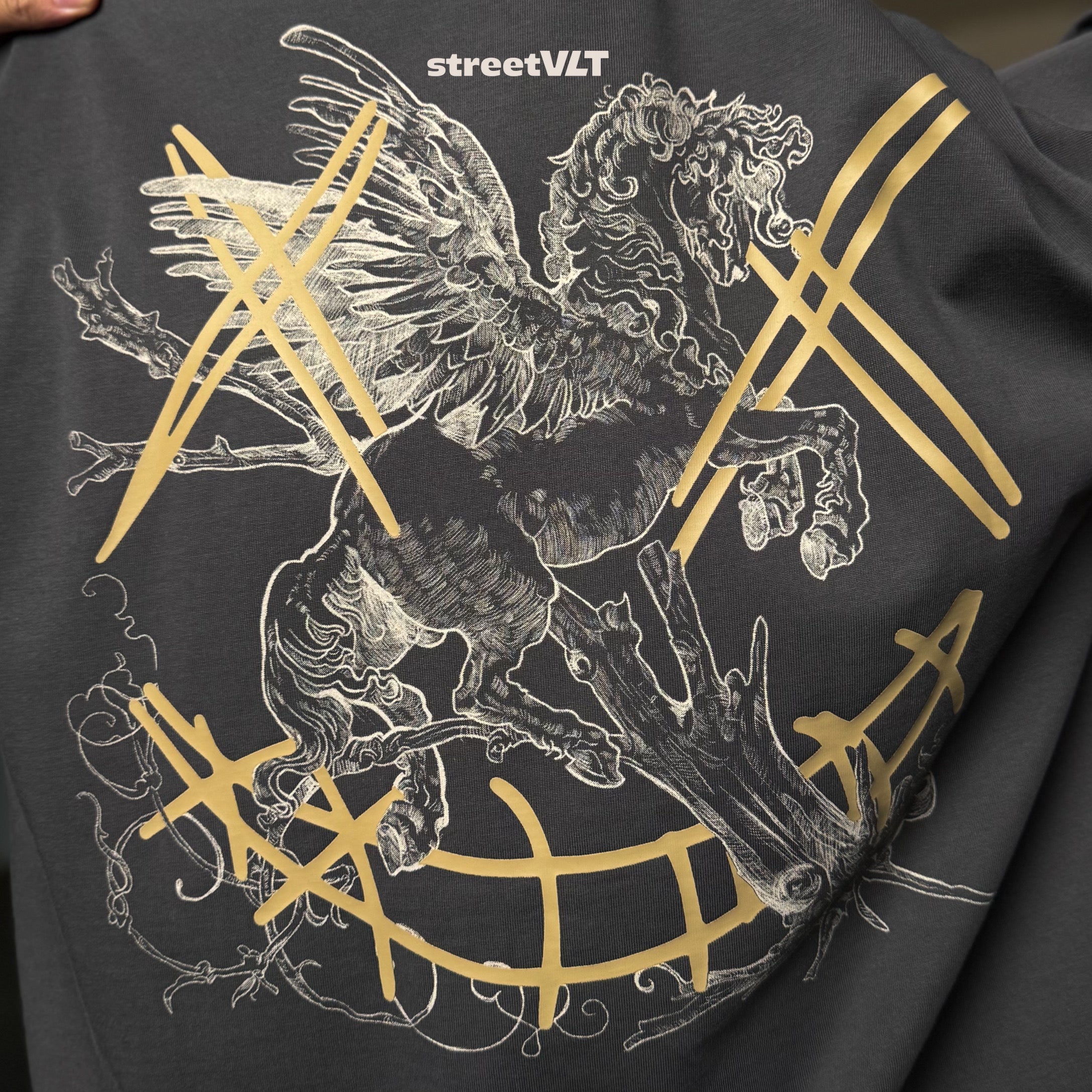 Ricky Is Clown Pegasus Gold Horse Charcoal Grey Tee