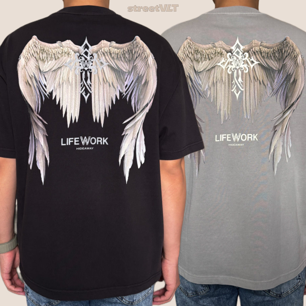 Life Work Korea Wing Print Garment Dyed Grey Tee