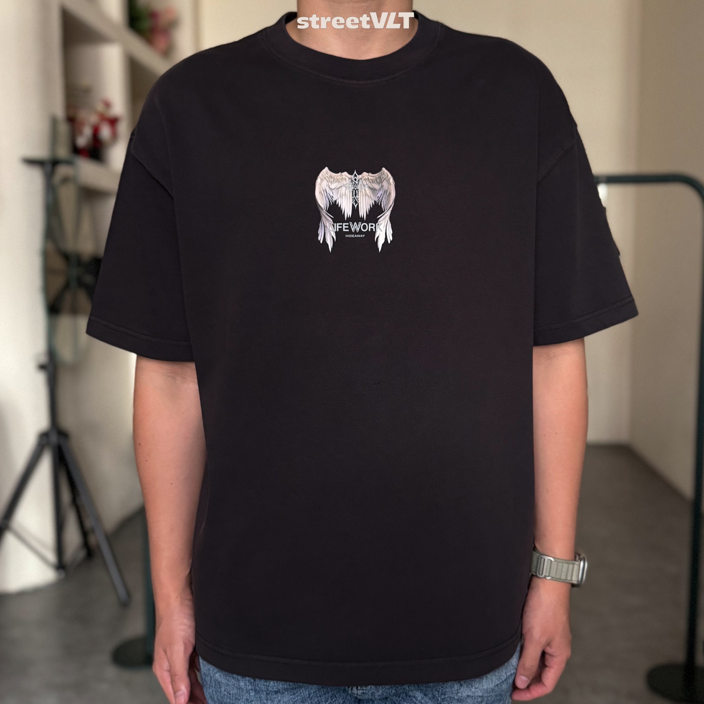 Life Work Korea Wing Print Garment Dyed Grey Tee