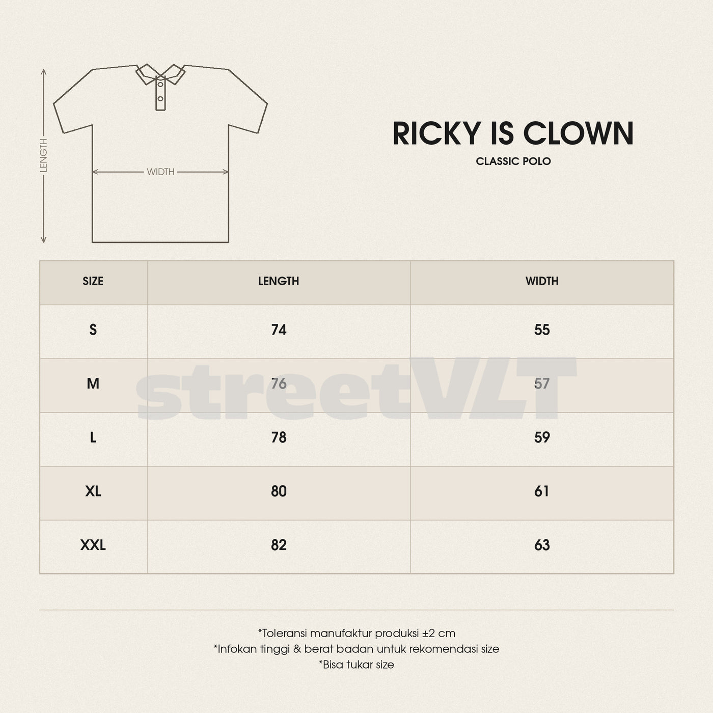 Ricky is Clown Simple Classic Polo Shirt size chart