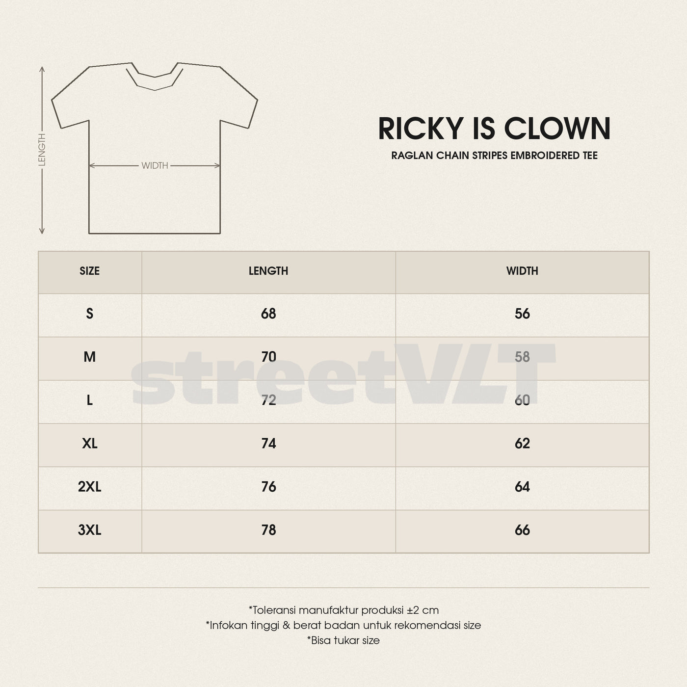 Ricky is Clown Raglan Chain Stripes Embroidered Tee size chart