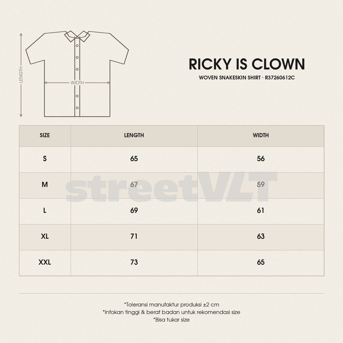 RIC Ricky is Clown Woven Snakeskin Shirt size chart
