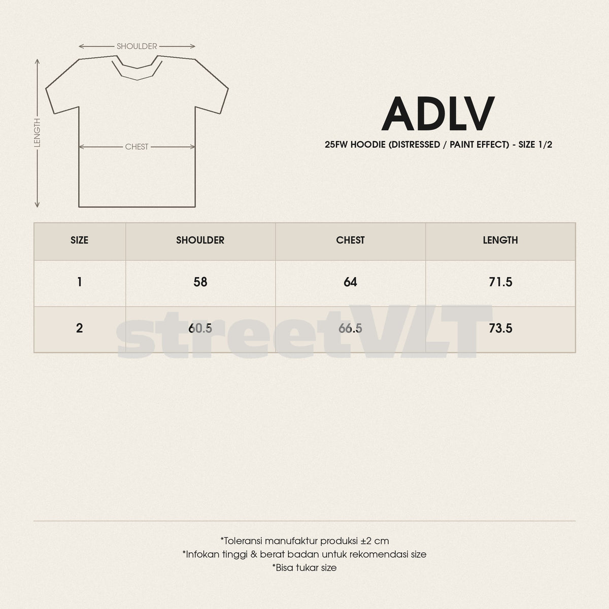 ADLV Distressed Hoodie size chart