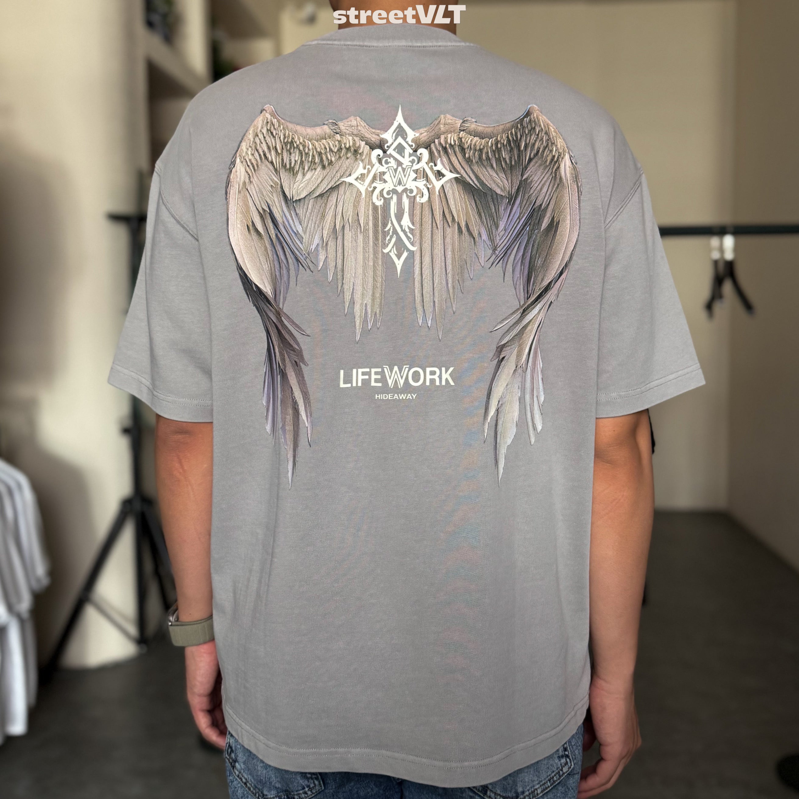 Life Work Korea Wing Print Garment Dyed Grey Tee