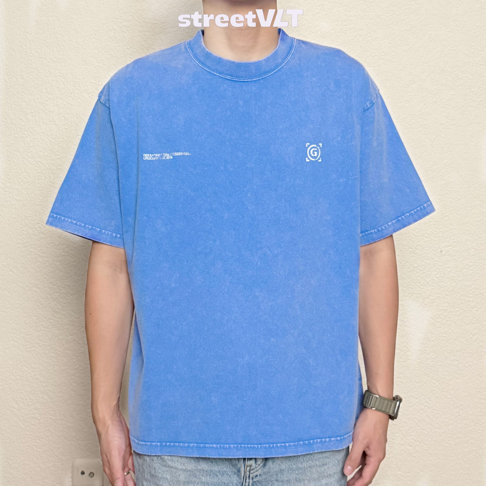 Gro Grocery Daily Essentials Washed Graphic Boxy Blue Tee
