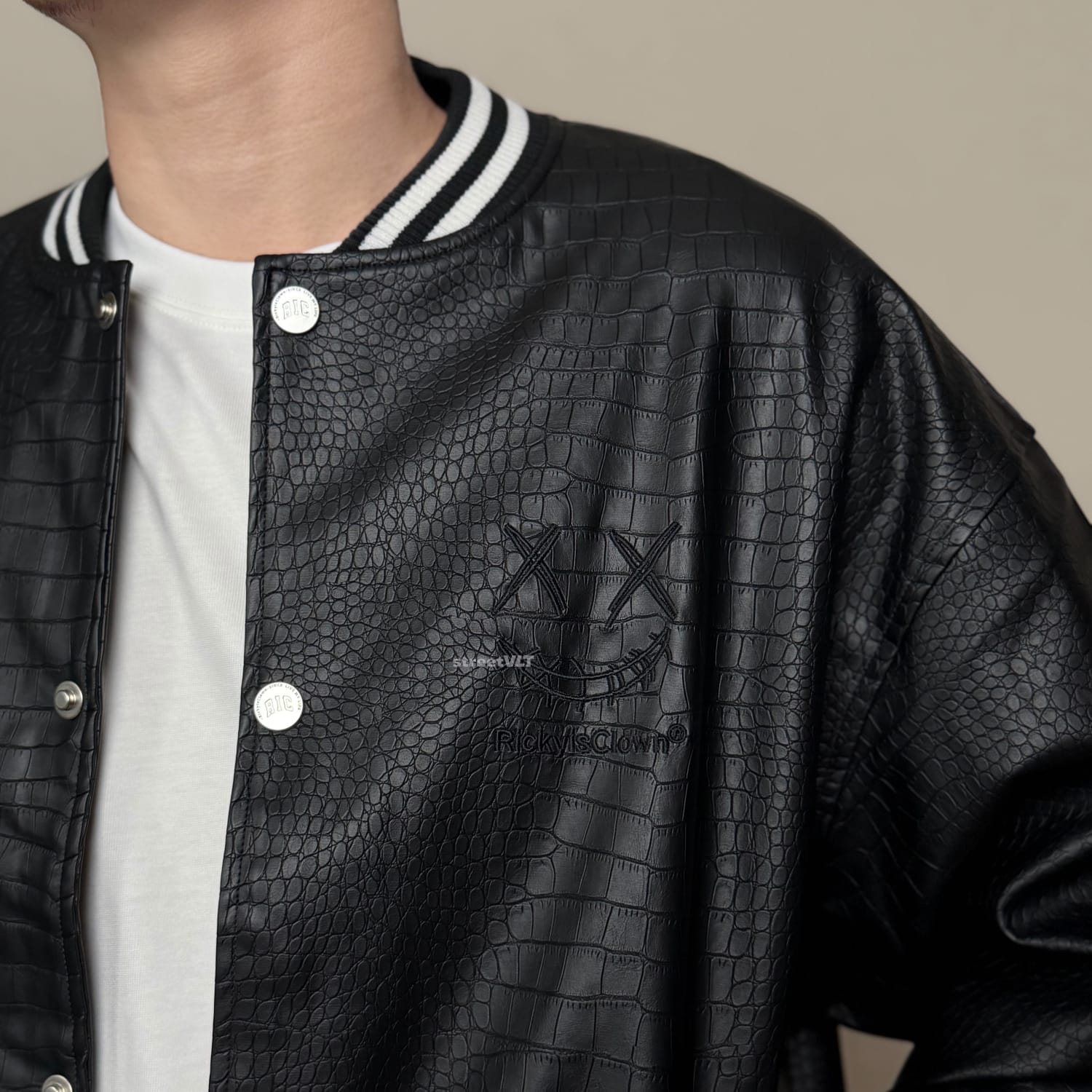 Ricky is Clown Black Mamba Snakeskin Embroidered Crocodile Varsity Jacket