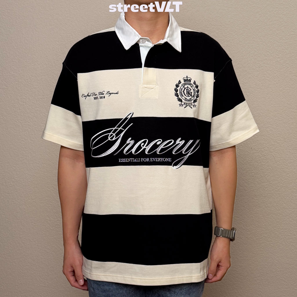 Gro Grocery Emblem Embroidery Logo Stripe Polo Shirt