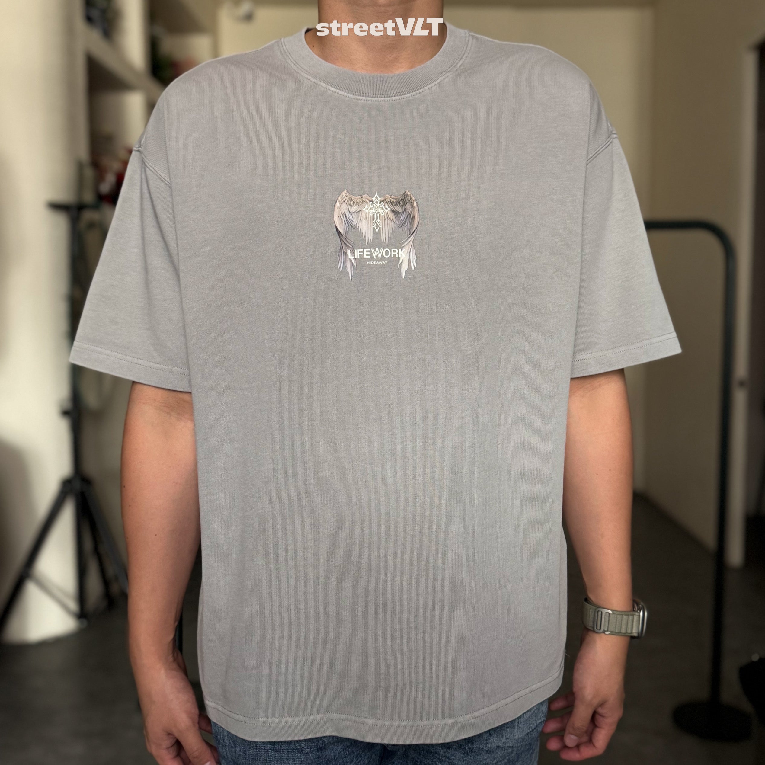 Life Work Korea Wing Print Garment Dyed Grey Tee