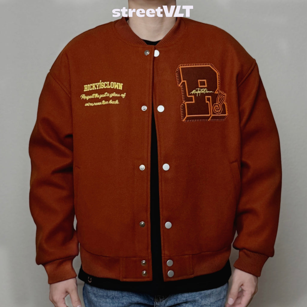 Ricky is Clown Swirl Bunny Wool Caramel Red Varsity Jacket