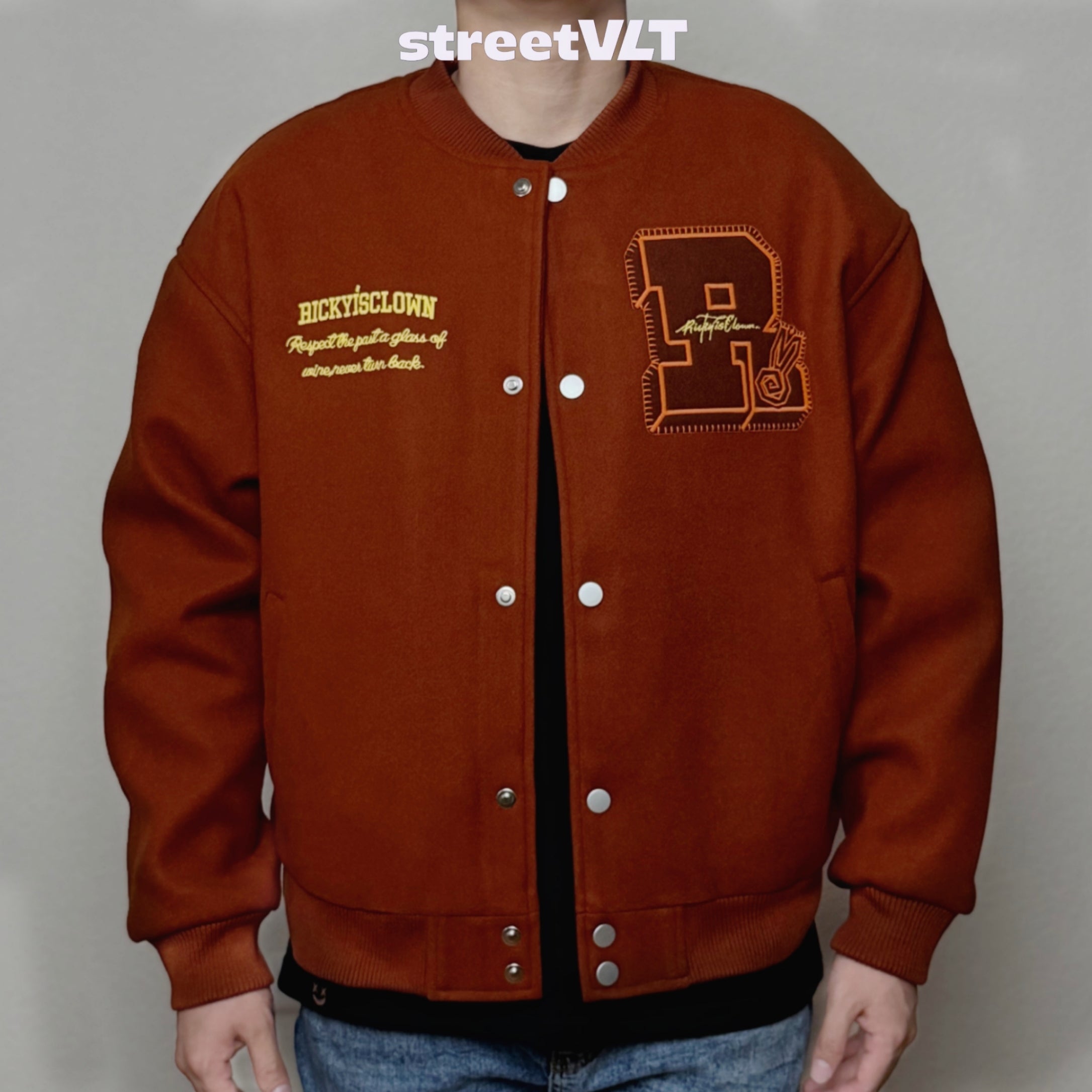 Ricky is Clown Swirl Bunny Wool Caramel Red Varsity Jacket