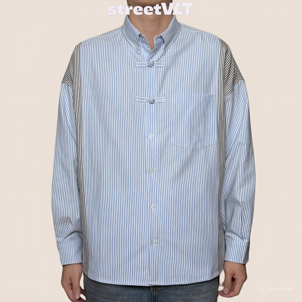 Gro Grocery x Needless Chinese Button Stripe Blue & Grey Shirt