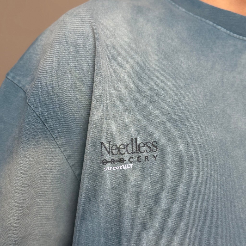 Gro Grocery x Needless Painted Washed Logo Teal Blue Tee