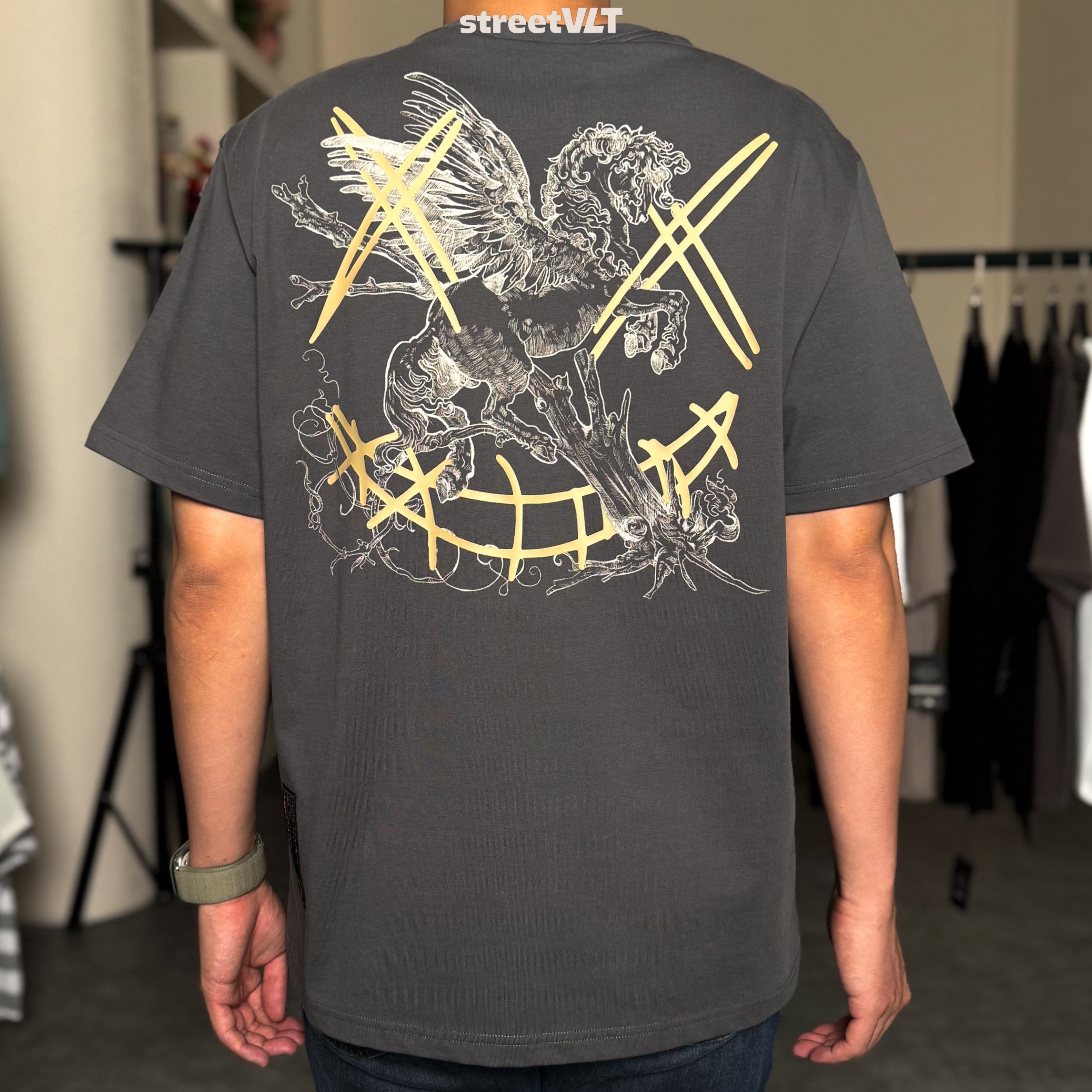 Ricky Is Clown Pegasus Gold Horse Charcoal Grey Tee