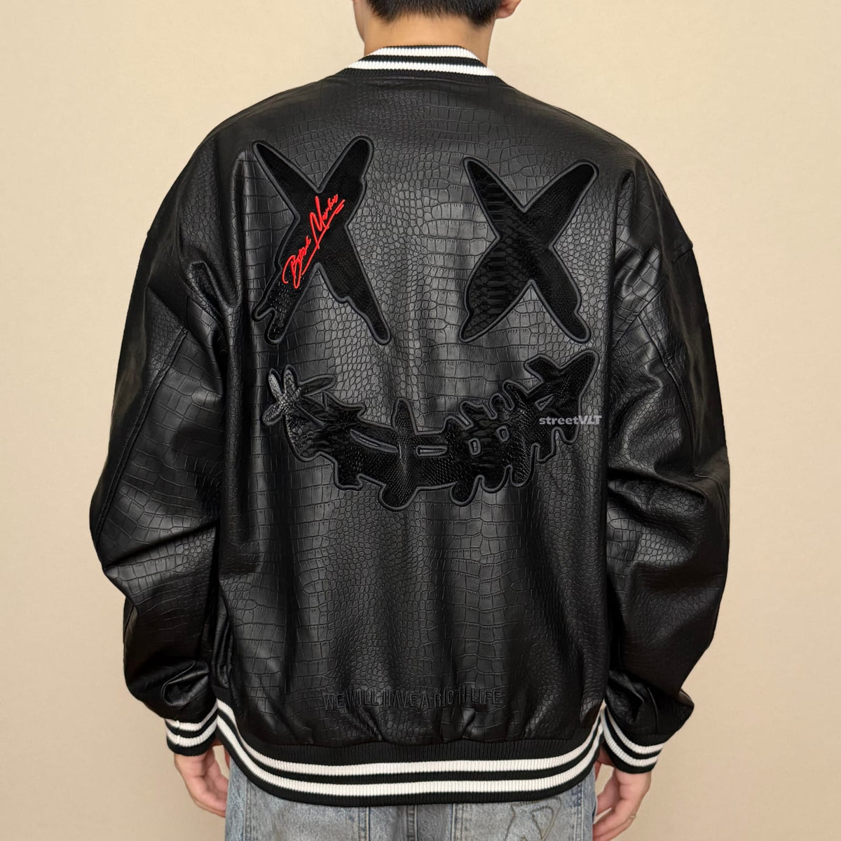 Ricky is Clown Black Mamba Snakeskin Embroidered Crocodile Varsity Jacket