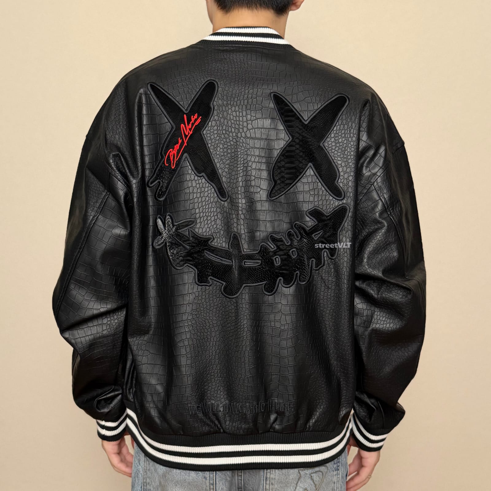 Ricky is Clown Black Mamba Snakeskin Embroidered Crocodile Varsity Jacket