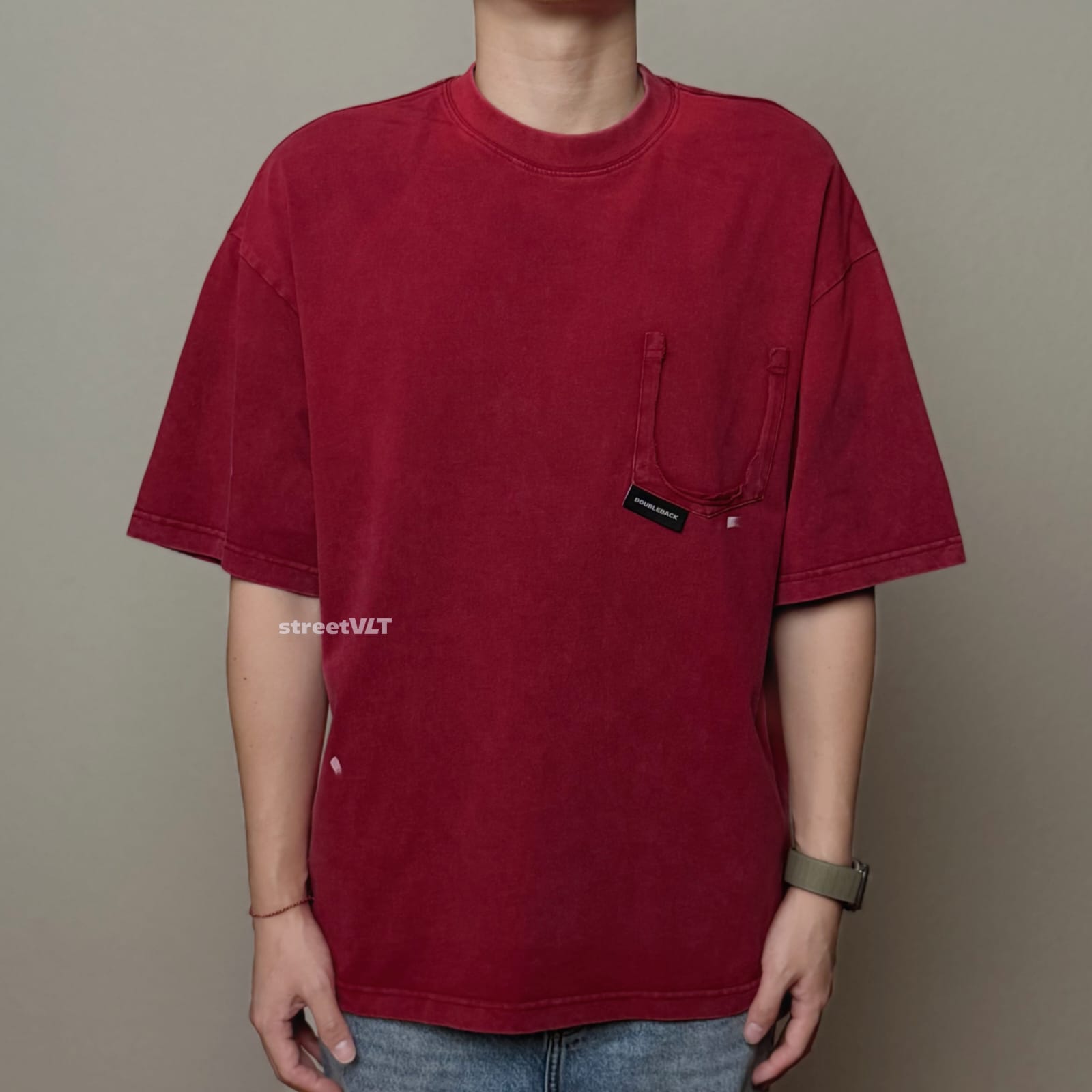 Doubleback Ripped Pocket Oversized Washed Red Tee
