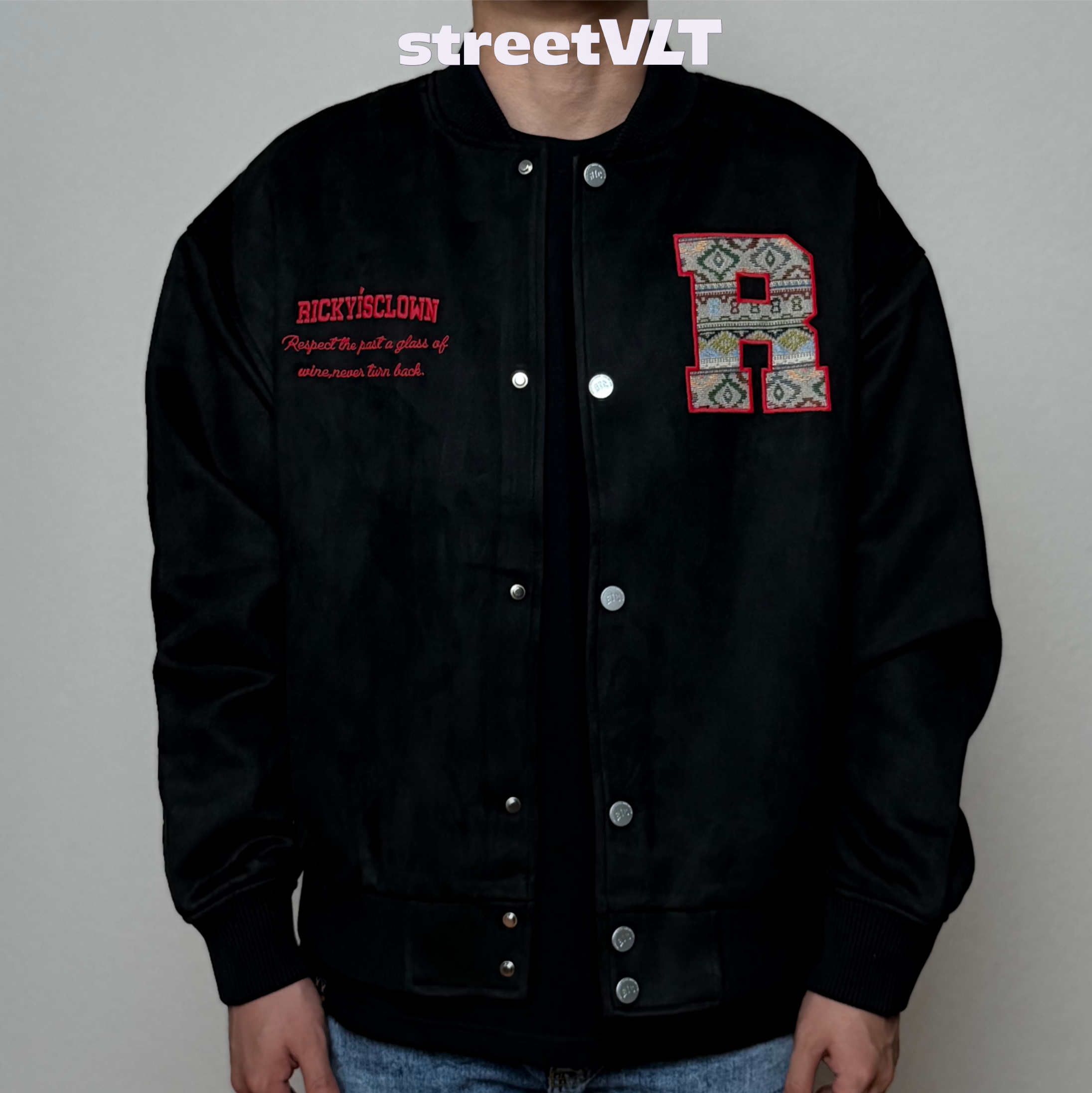 Ricky is Clown Suede Ethnic Patchwork Baseball Uniform Varsity Jacket