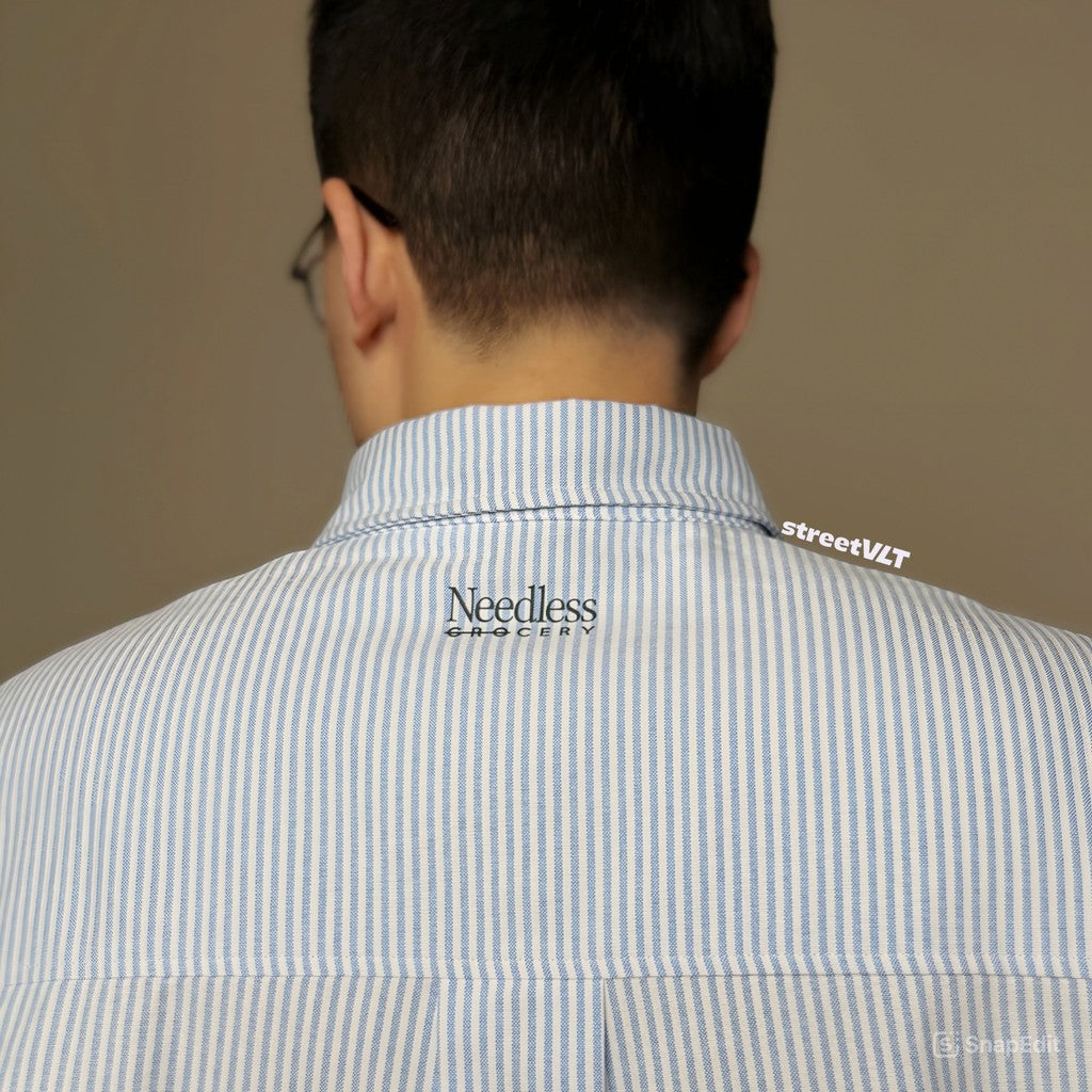 Gro Grocery x Needless Chinese Button Stripe Blue & Grey Shirt