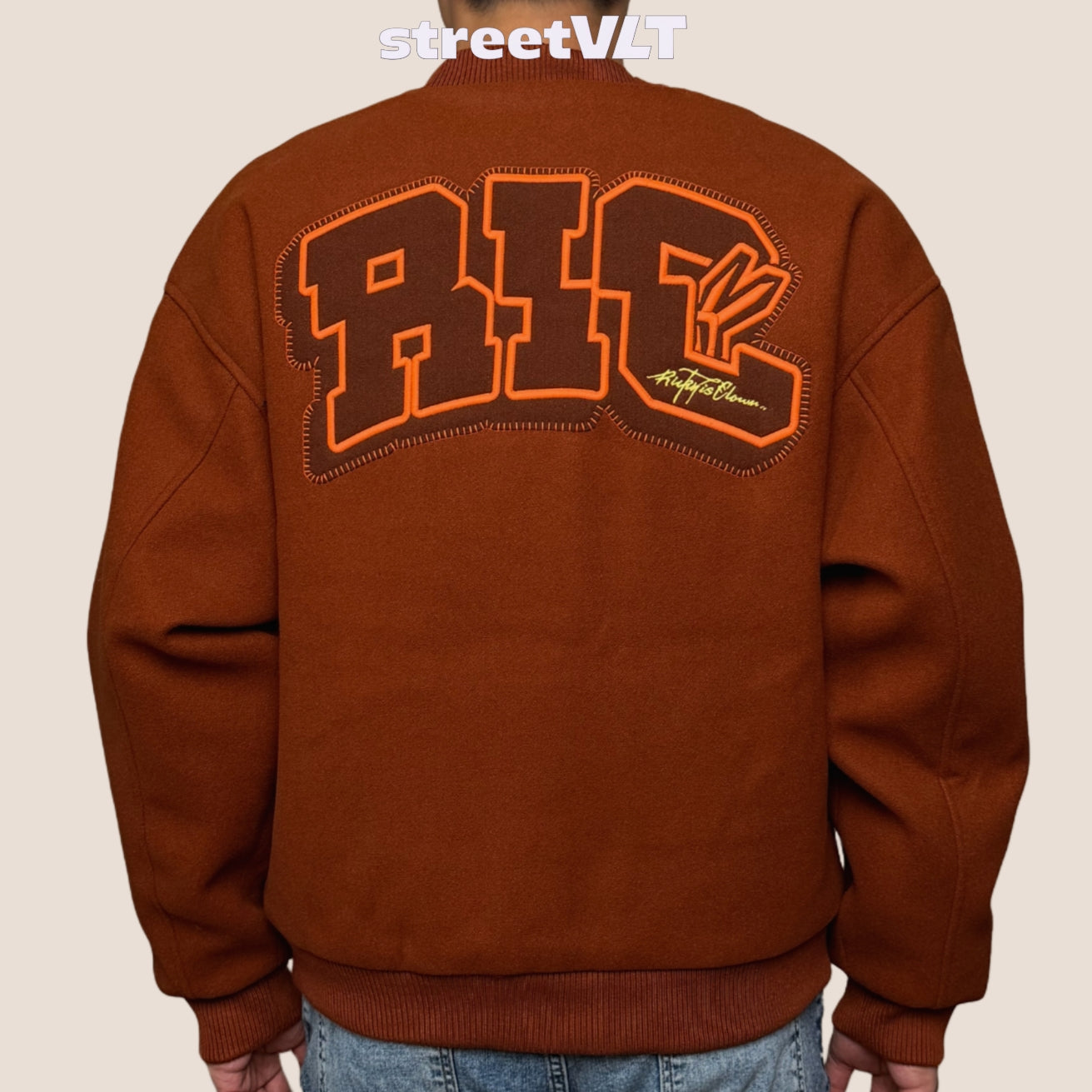 Ricky is Clown Swirl Bunny Wool Caramel Red Varsity Jacket