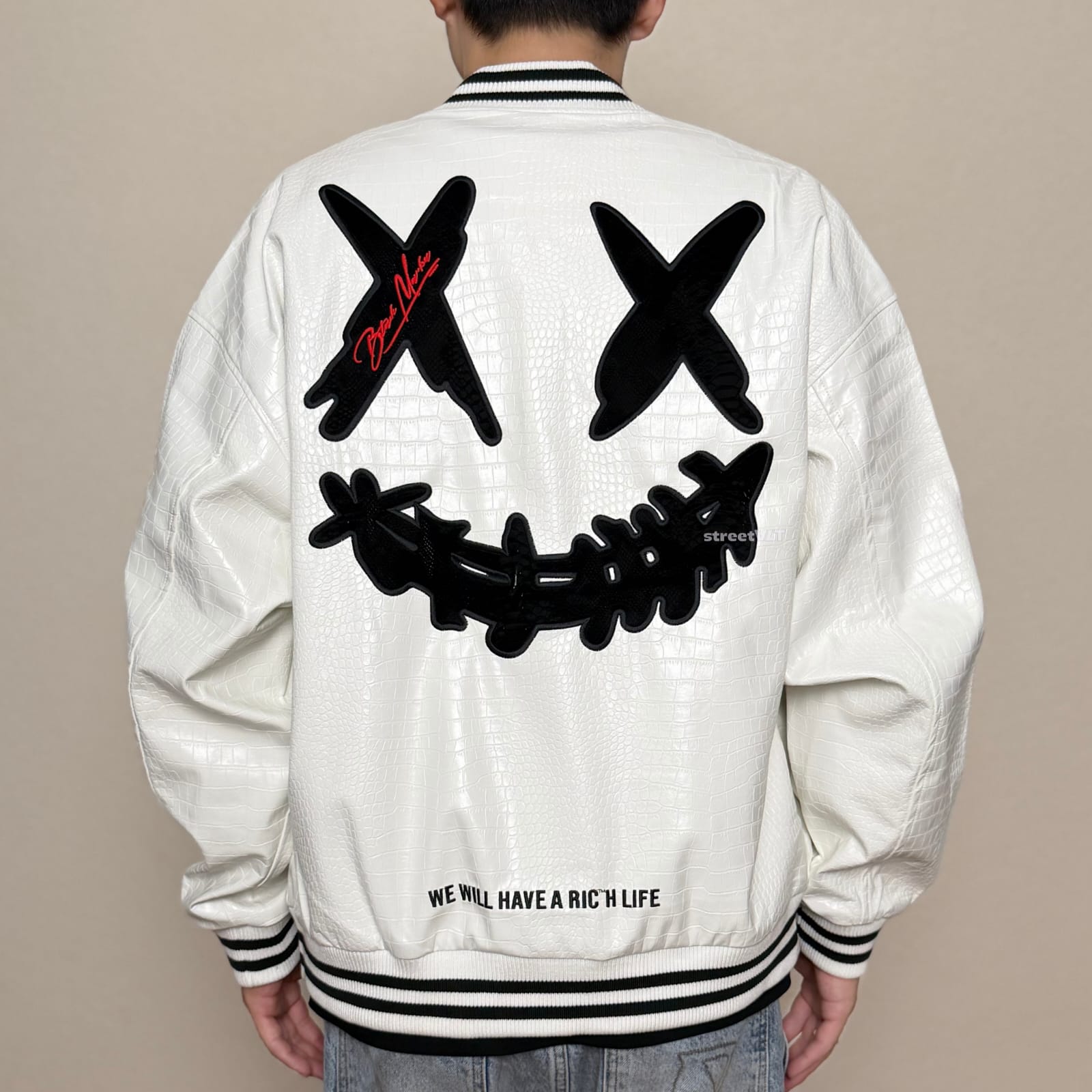Ricky is Clown Black Mamba Snakeskin Embroidered Crocodile Varsity Jacket