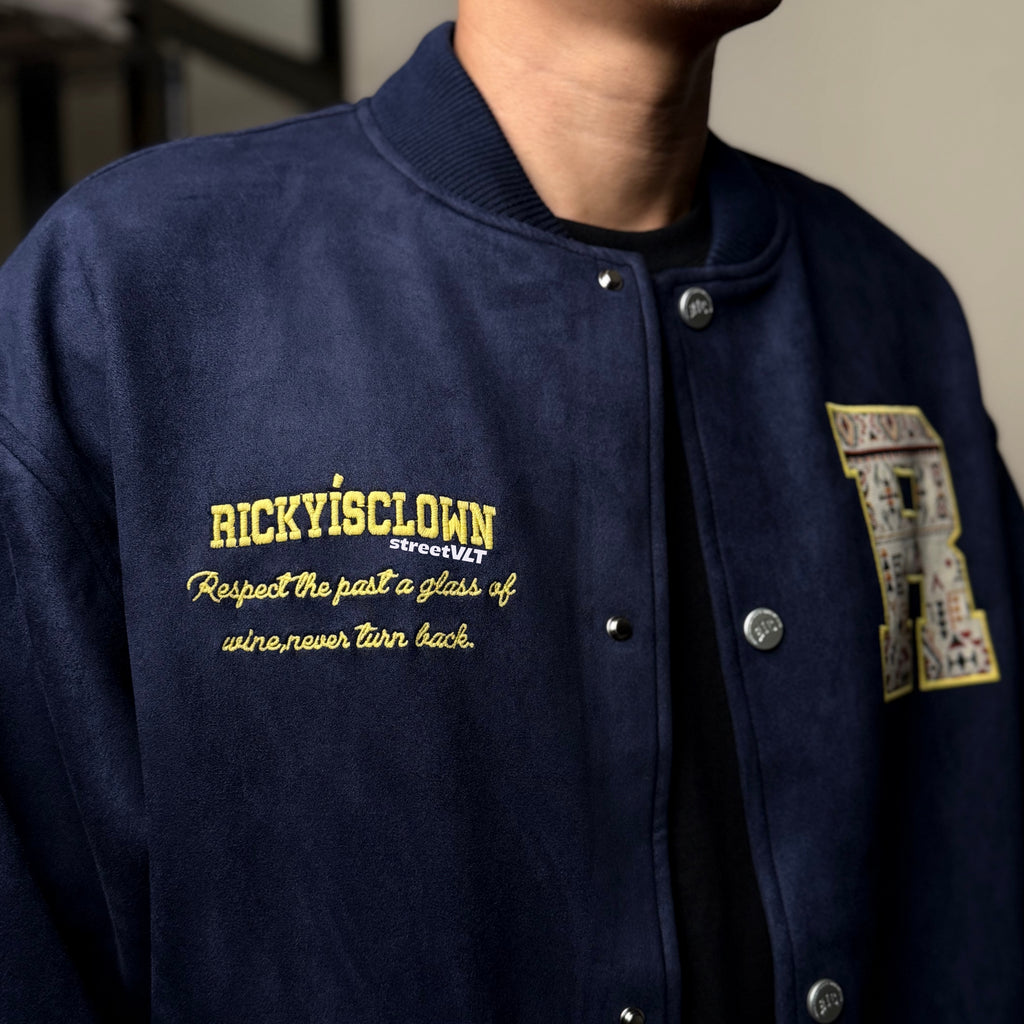 Ricky is Clown Suede Ethnic Patchwork Baseball Uniform Varsity Jacket