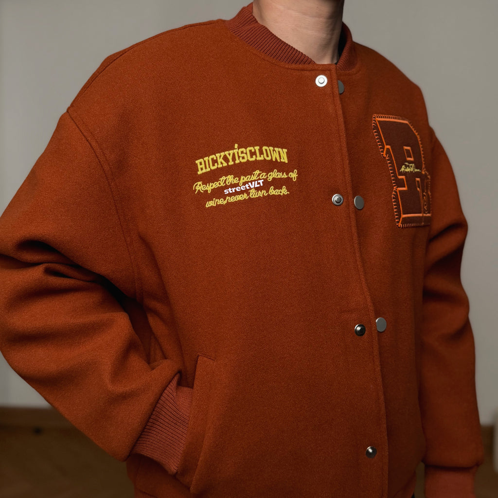 Ricky is Clown Swirl Bunny Wool Caramel Red Varsity Jacket