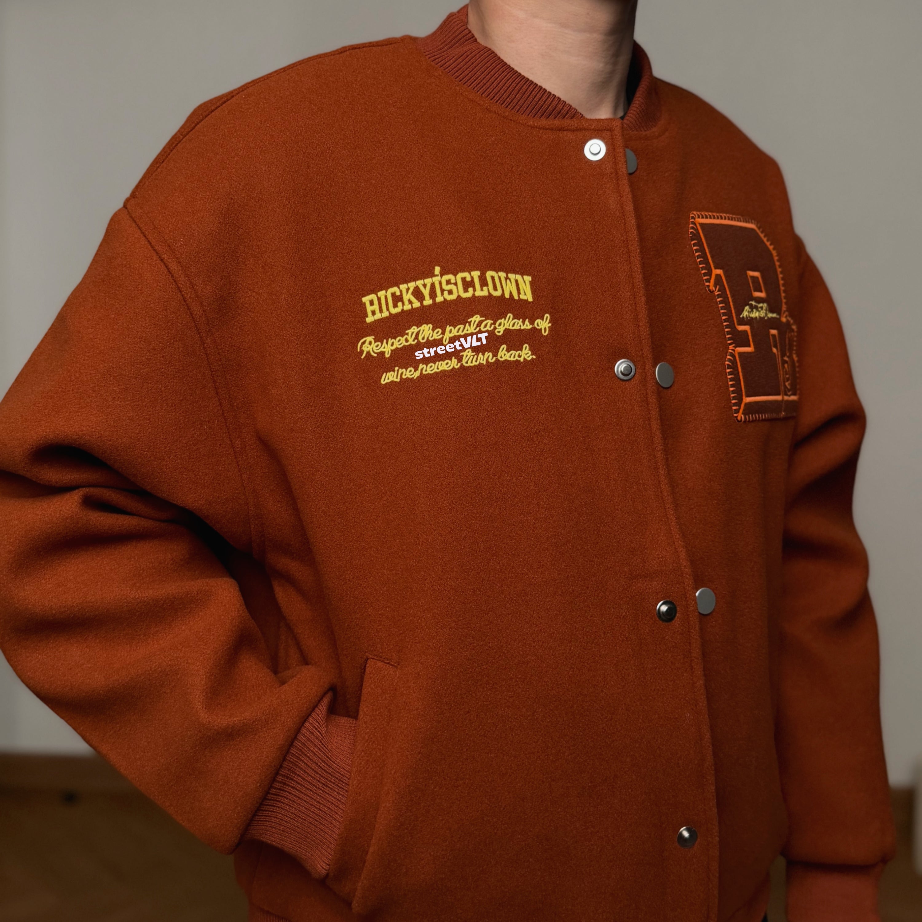 Ricky is Clown Swirl Bunny Wool Caramel Red Varsity Jacket
