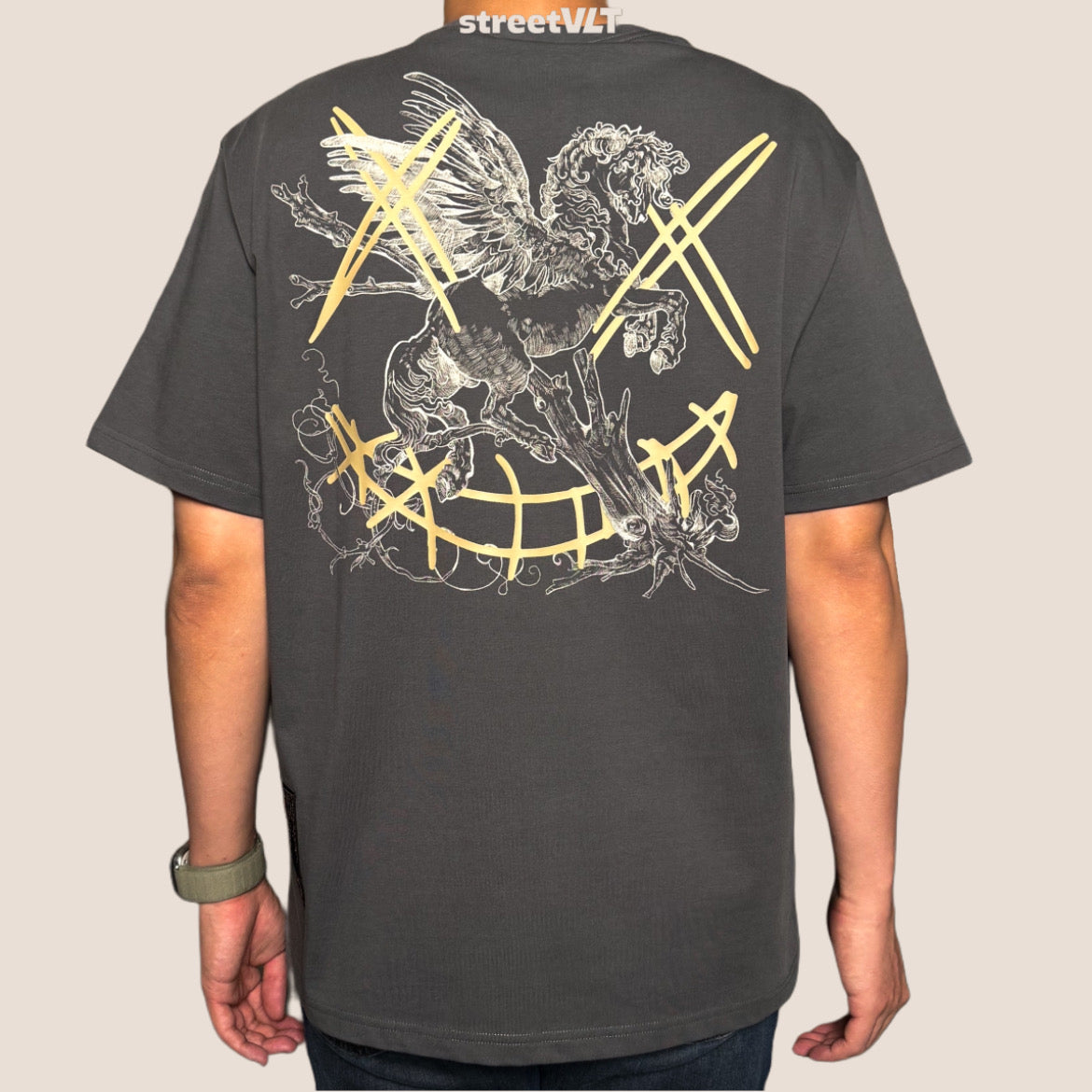 Ricky Is Clown Pegasus Gold Horse Charcoal Grey Tee